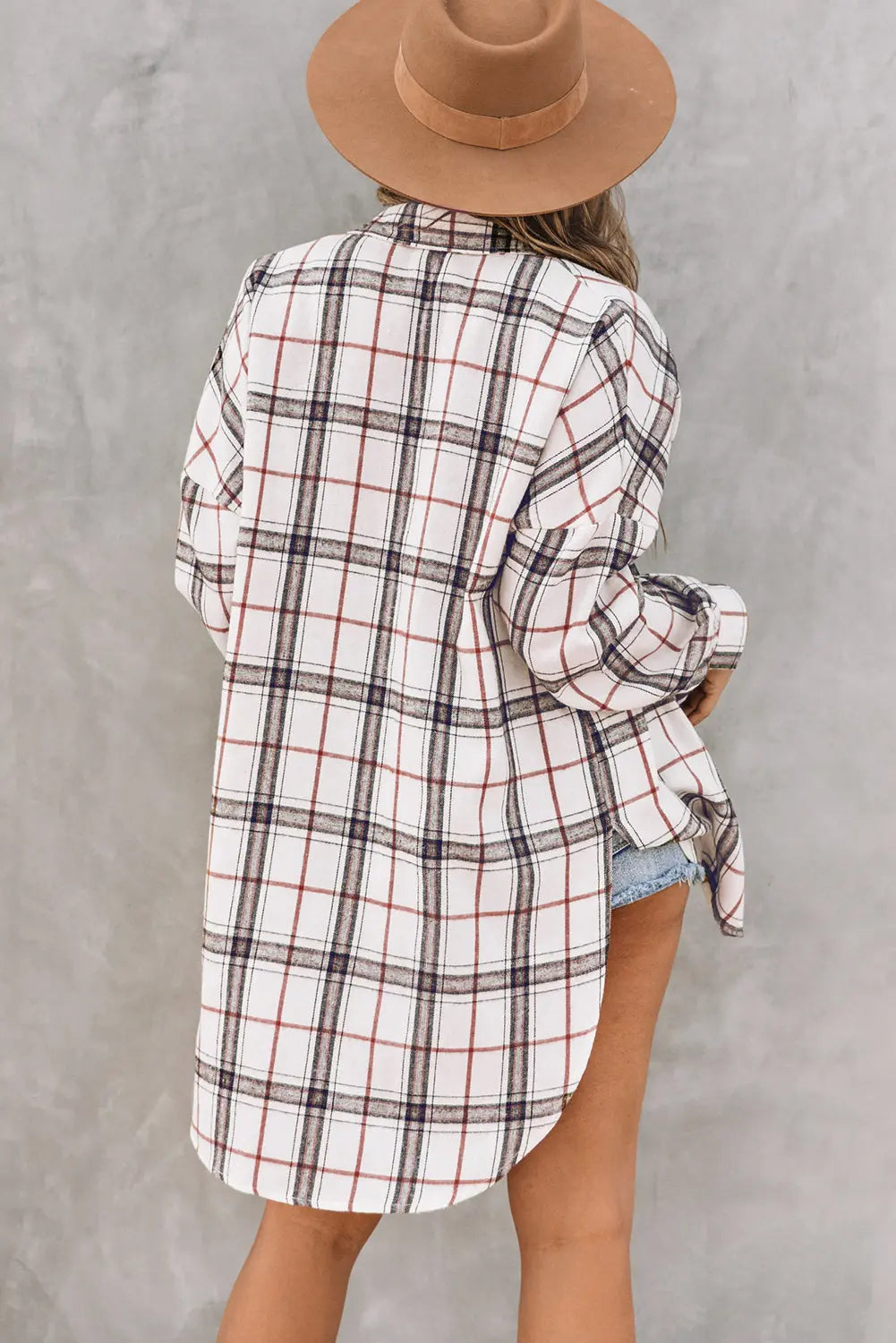 White Oversized Plaid Pattern Shacket with Slits eAura