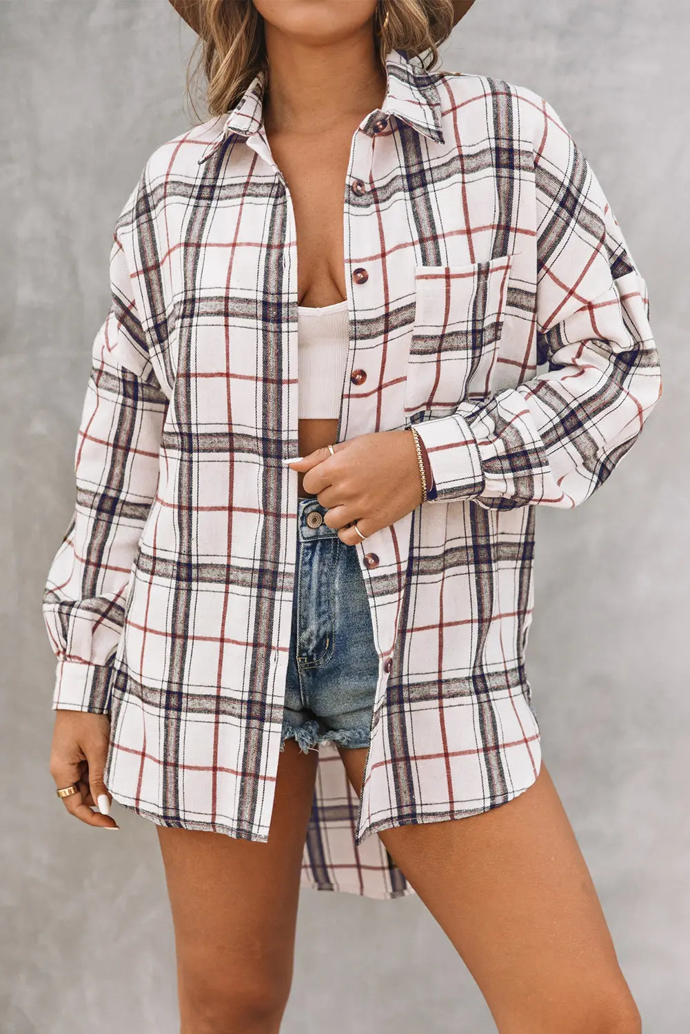 White Oversized Plaid Pattern Shacket with Slits eAura