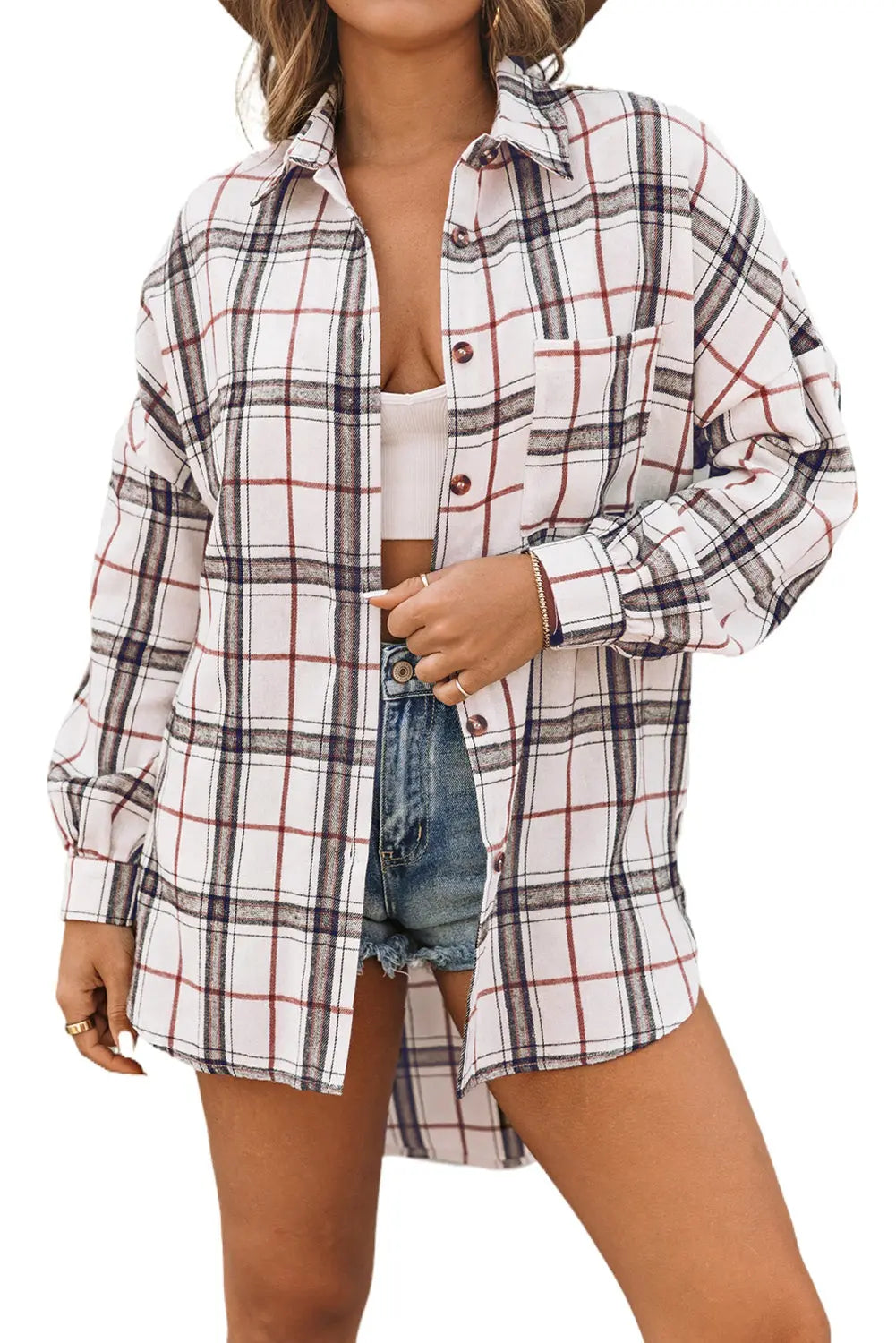 White Oversized Plaid Pattern Shacket with Slits eAura