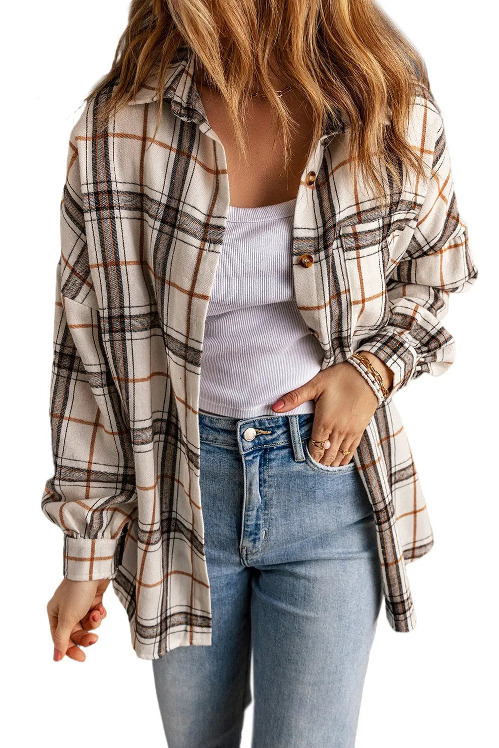 White Oversized Plaid Pattern Shacket with Slits eAura