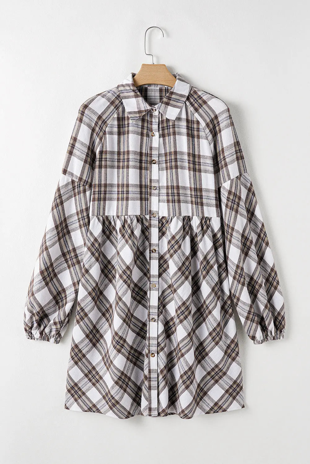 White Plaid Bubble Sleeve Flowy Shirt Dress - eAura