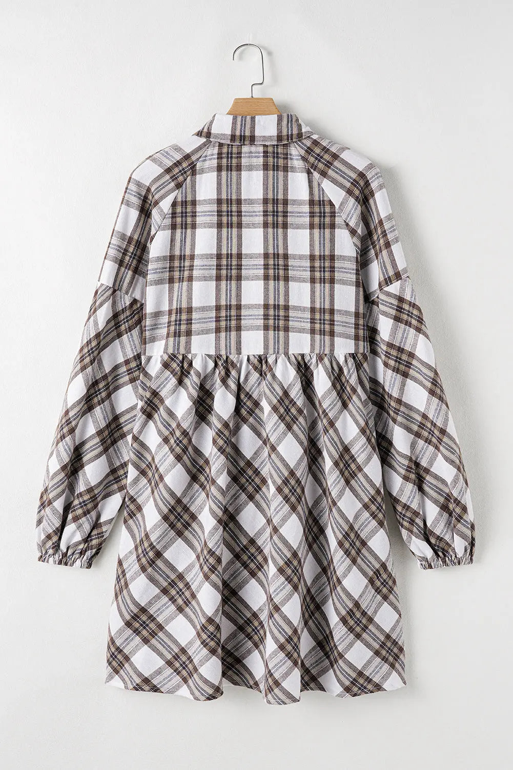 White Plaid Bubble Sleeve Flowy Shirt Dress - eAura