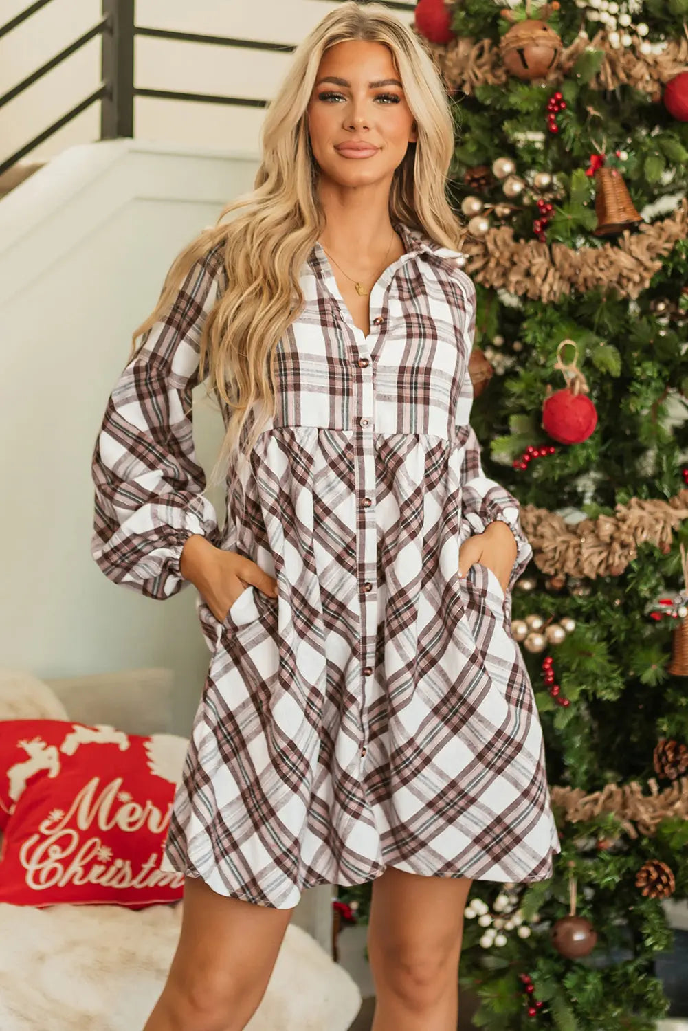 White Plaid Bubble Sleeve Flowy Shirt Dress - eAura