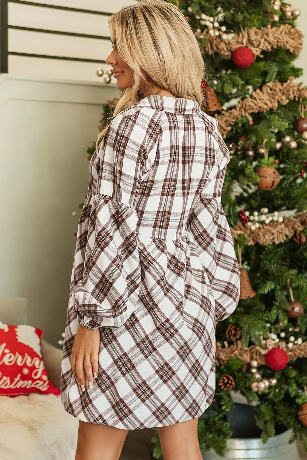 White Plaid Bubble Sleeve Flowy Shirt Dress - eAura