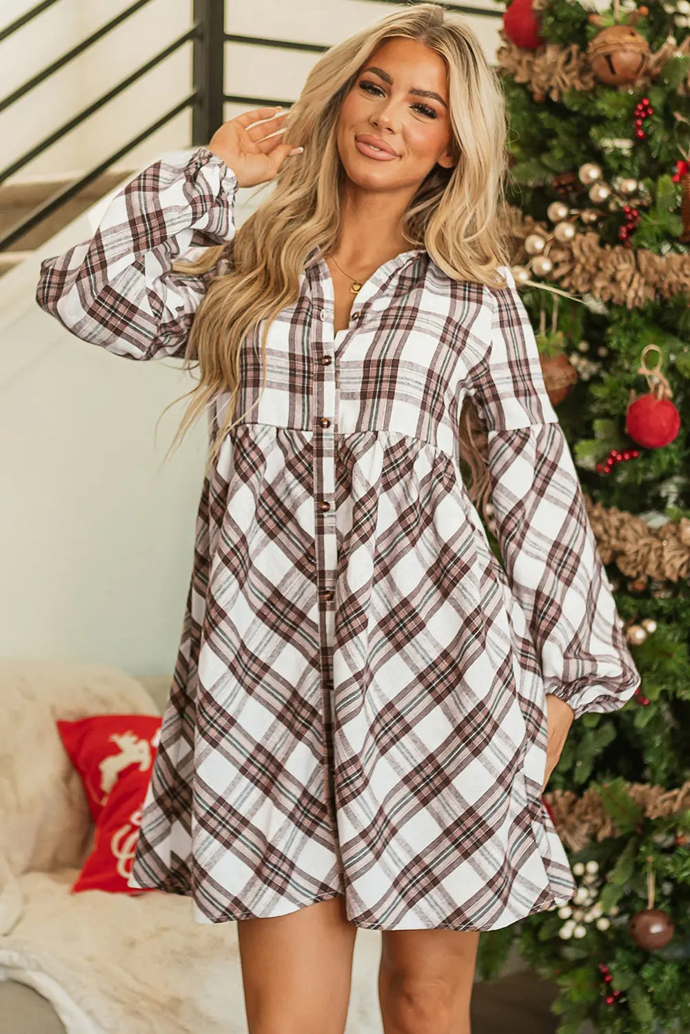 White Plaid Bubble Sleeve Flowy Shirt Dress - eAura