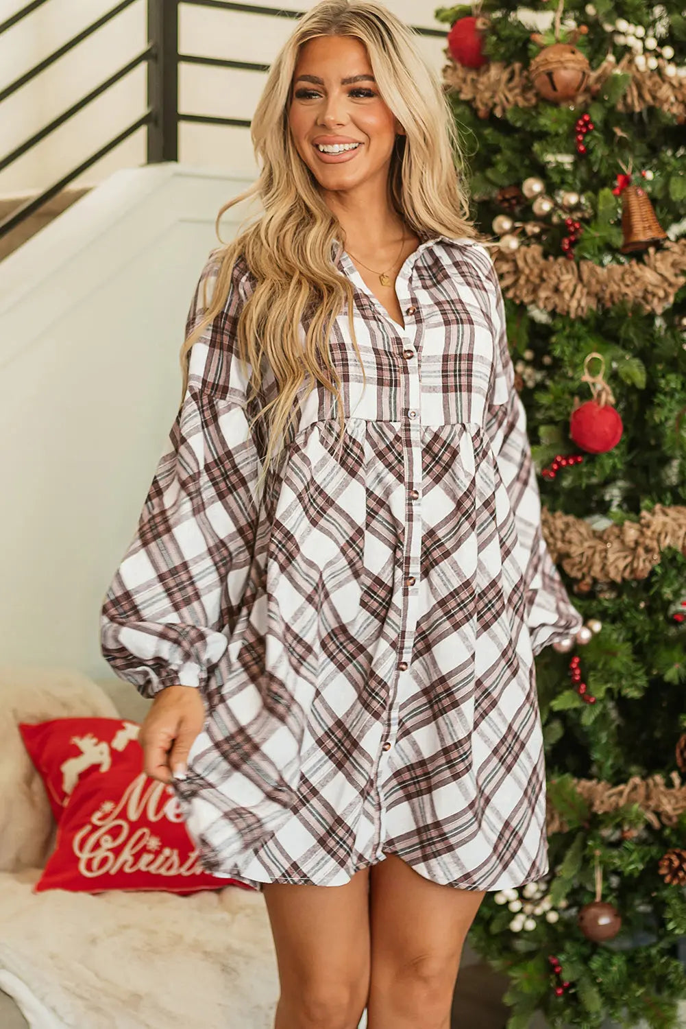 White Plaid Bubble Sleeve Flowy Shirt Dress - eAura