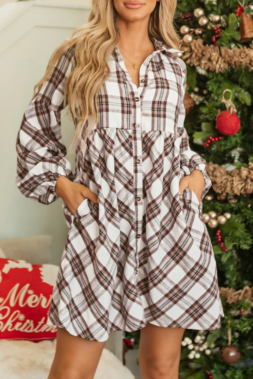 White Plaid Bubble Sleeve Flowy Shirt Dress - eAura