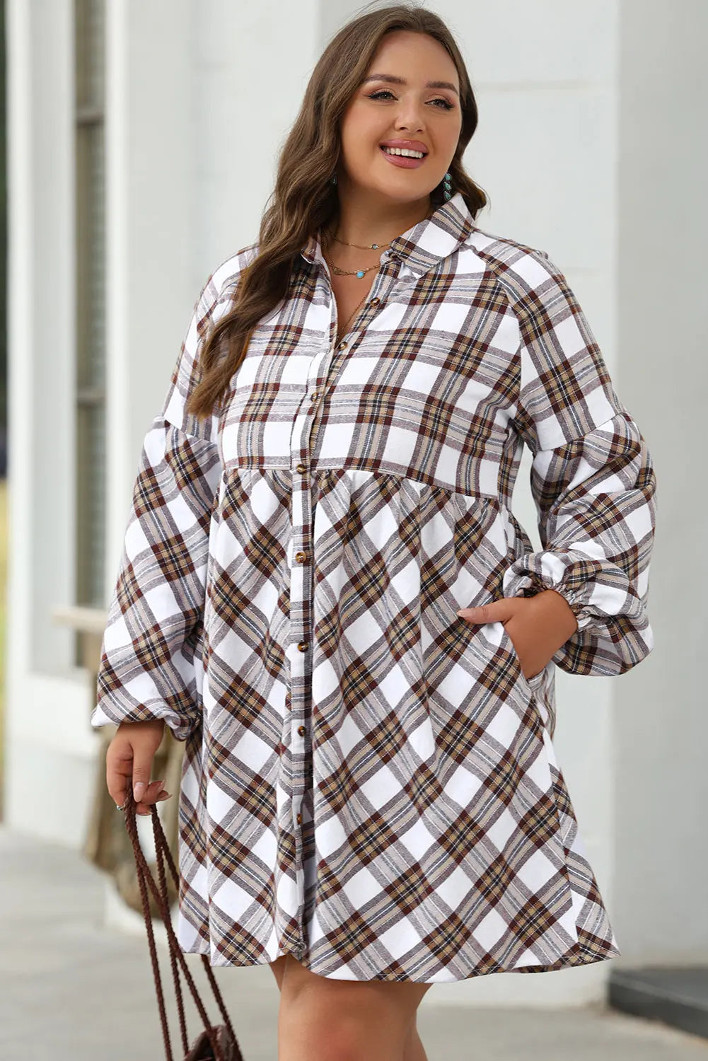 White Plaid Bubble Sleeve Flowy Shirt Dress - eAura