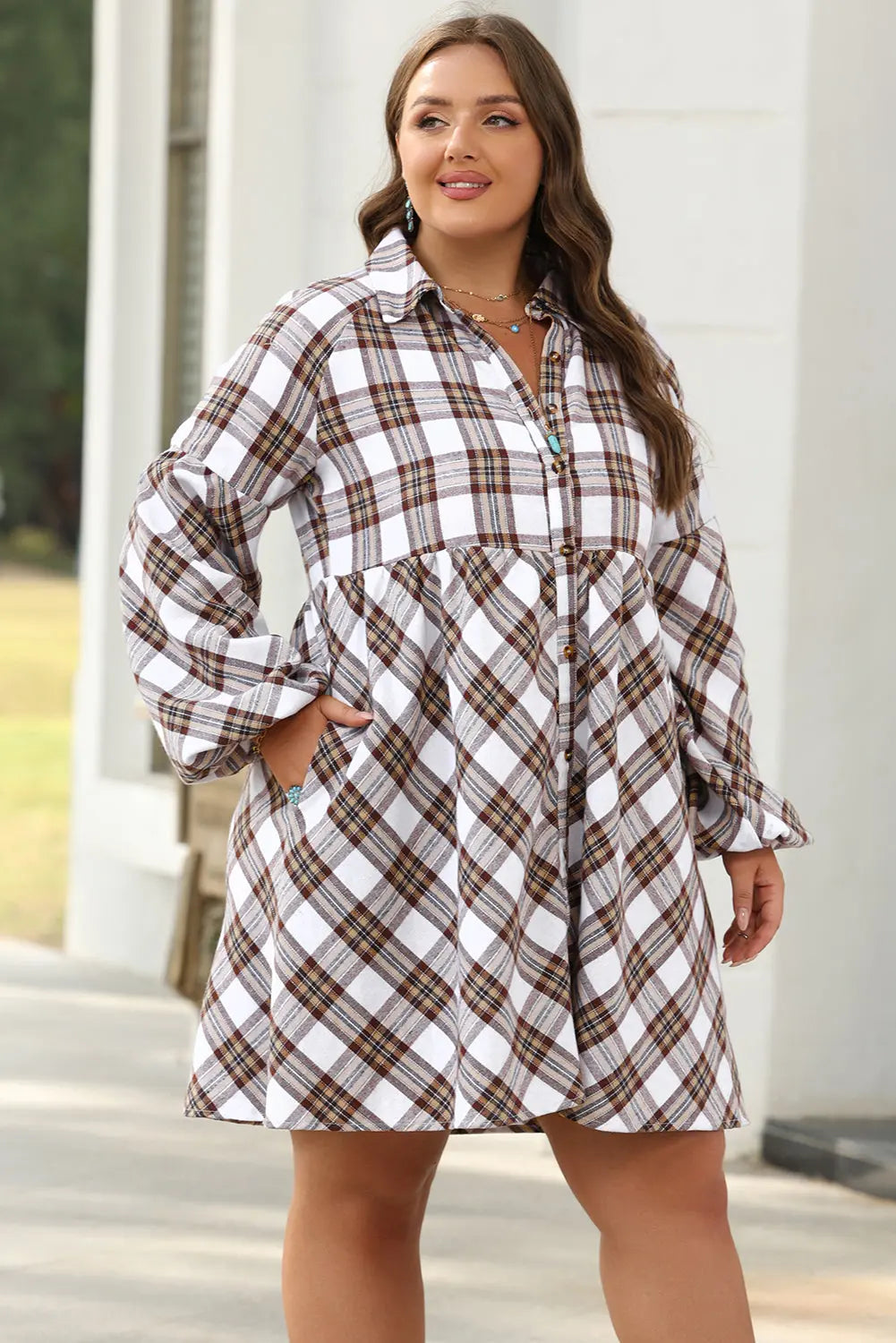 White Plaid Bubble Sleeve Flowy Shirt Dress - eAura