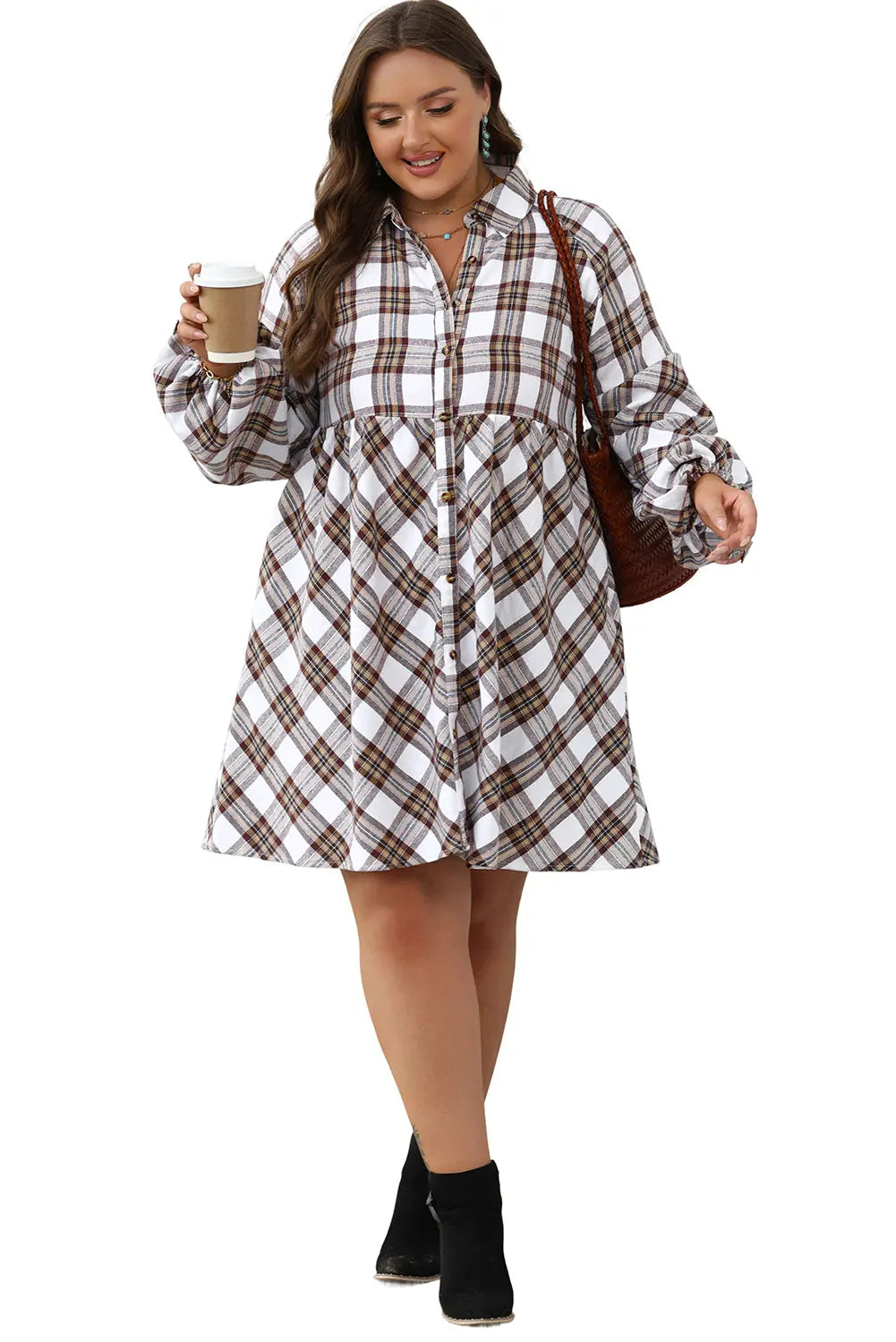 White Plaid Bubble Sleeve Flowy Shirt Dress - eAura
