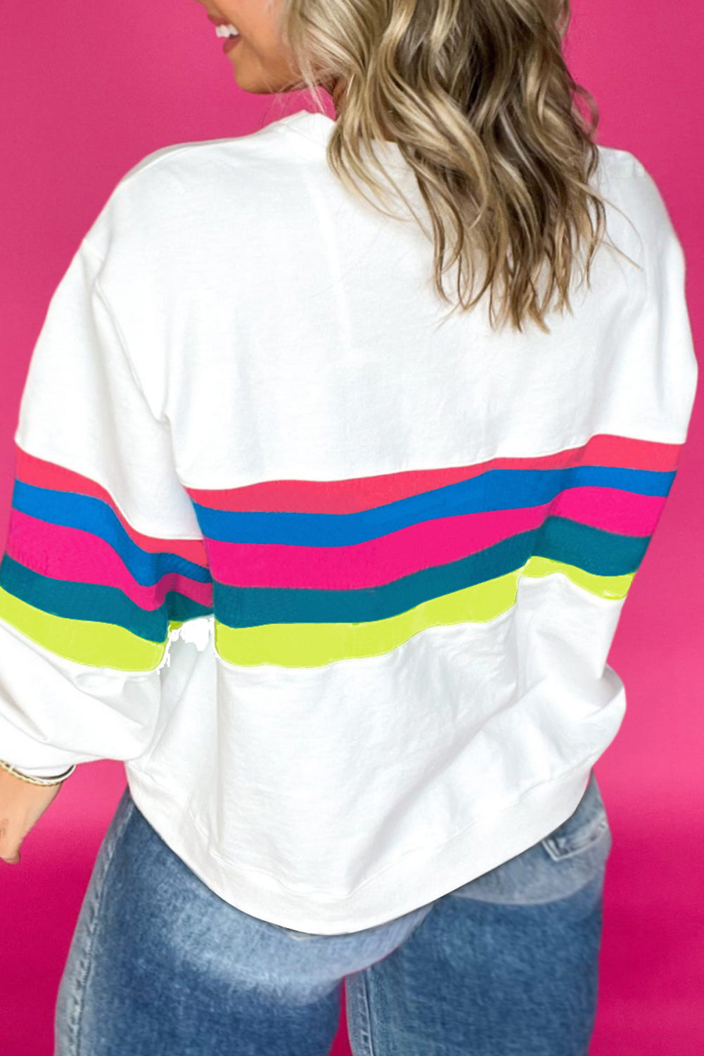 White Plus Size Colourful Striped Drop Shoulder Loose Sweatshirt - eAura