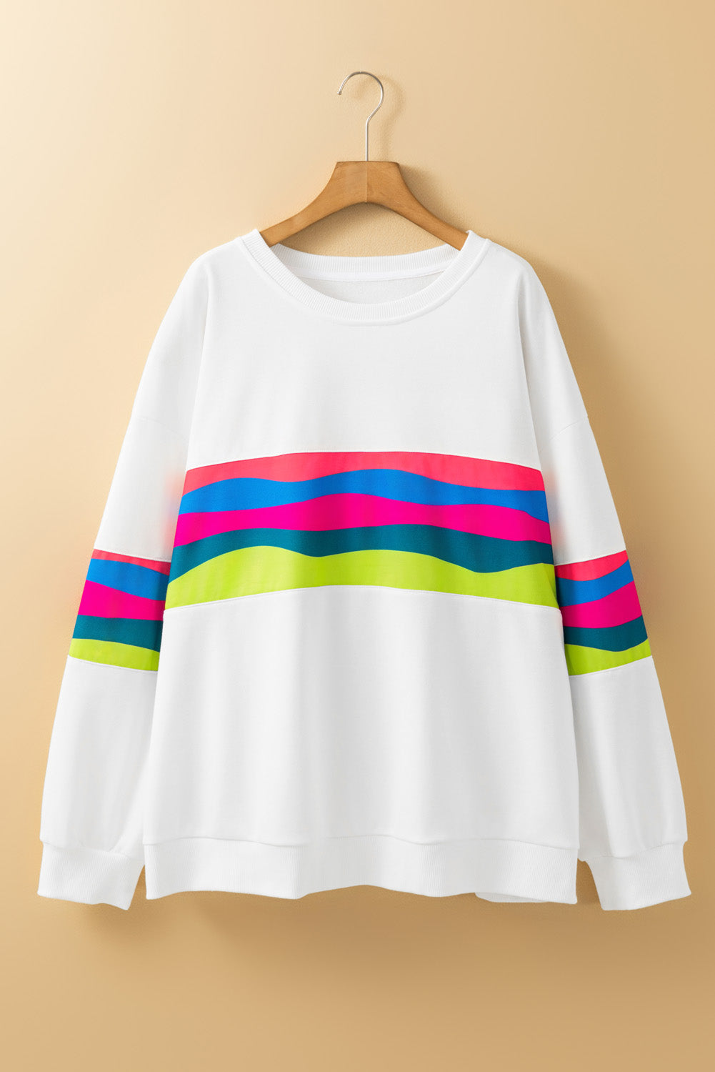 White Plus Size Colourful Striped Drop Shoulder Loose Sweatshirt - eAura