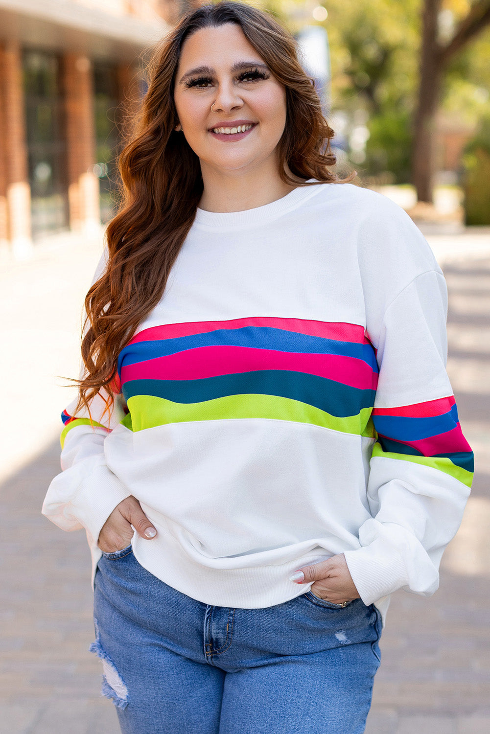 White Plus Size Colourful Striped Drop Shoulder Loose Sweatshirt - eAura