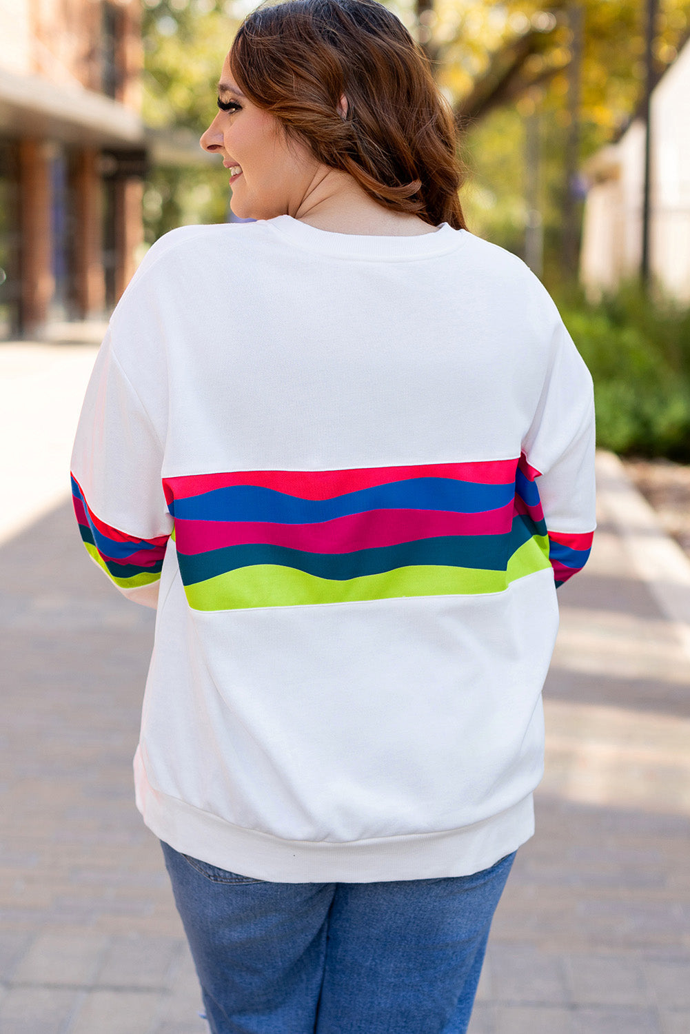 White Plus Size Colourful Striped Drop Shoulder Loose Sweatshirt - eAura