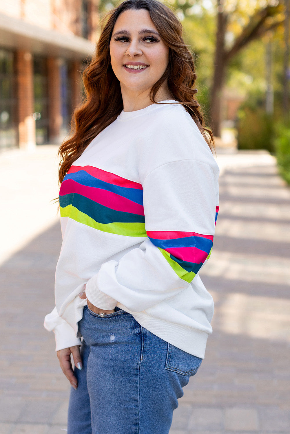 White Plus Size Colourful Striped Drop Shoulder Loose Sweatshirt - eAura