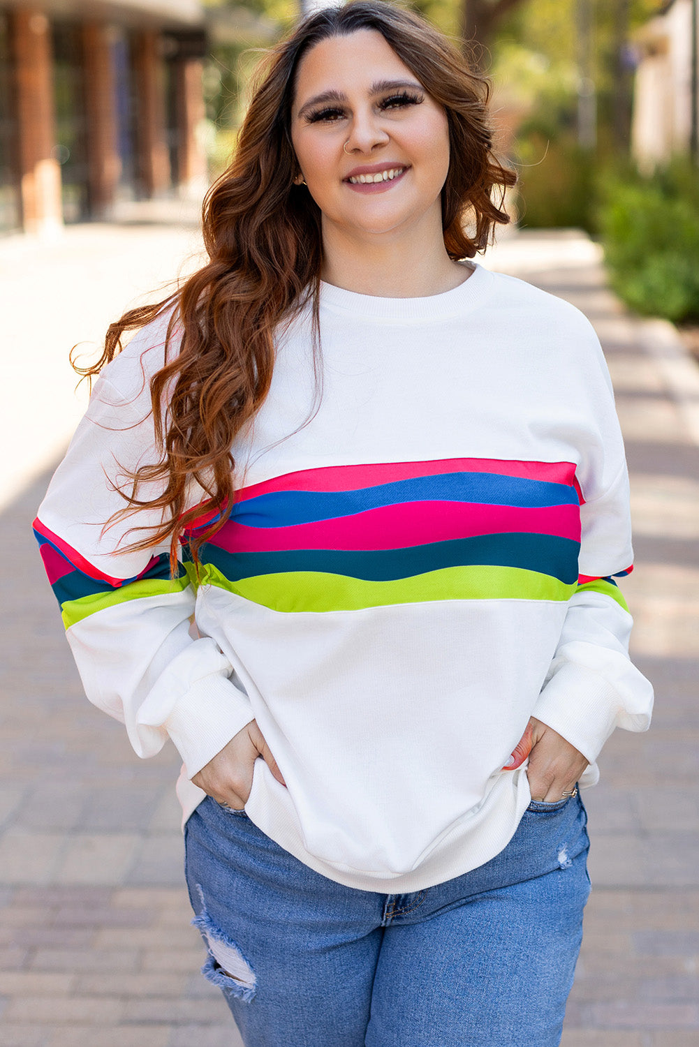 White Plus Size Colourful Striped Drop Shoulder Loose Sweatshirt - eAura