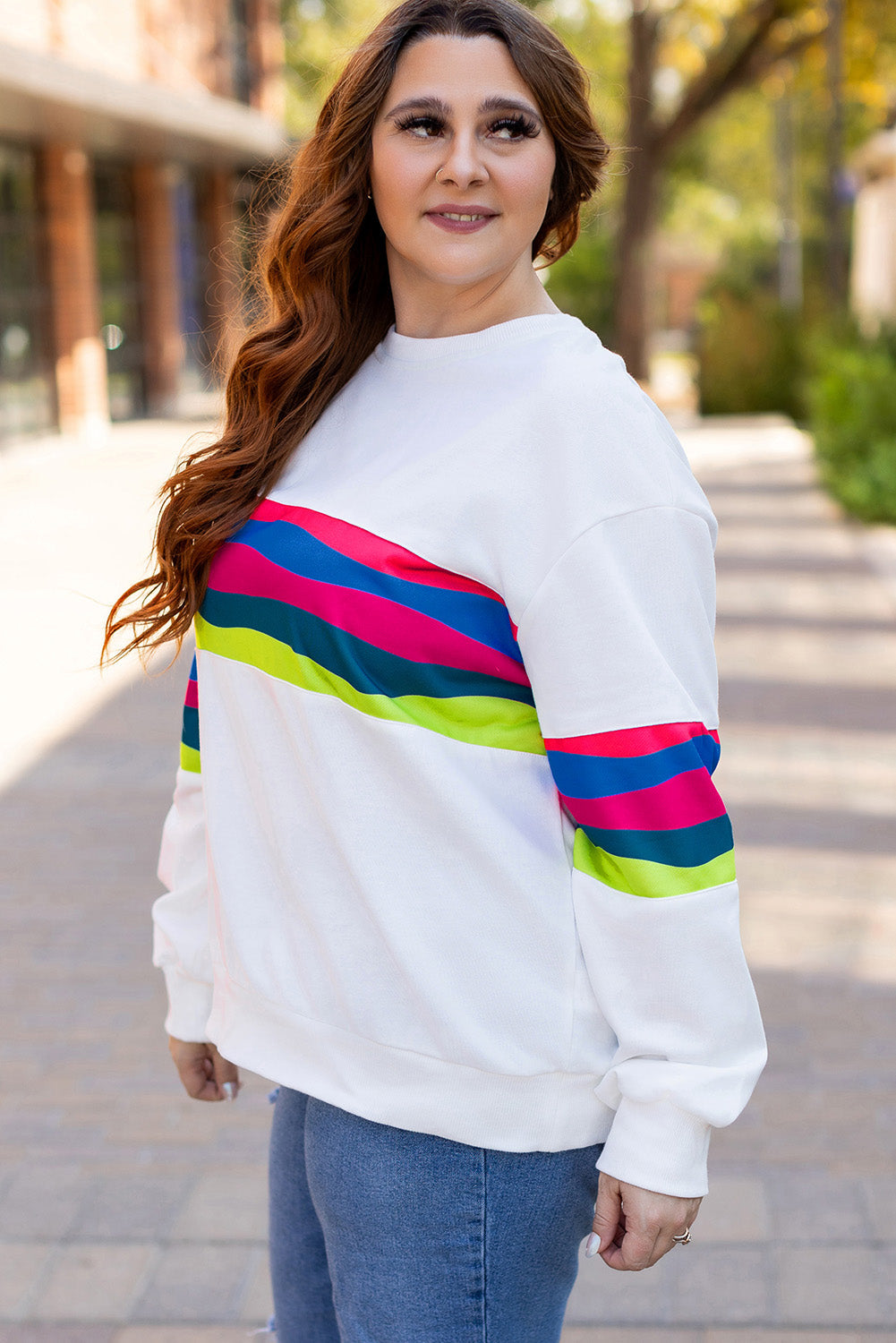 White Plus Size Colourful Striped Drop Shoulder Loose Sweatshirt - eAura