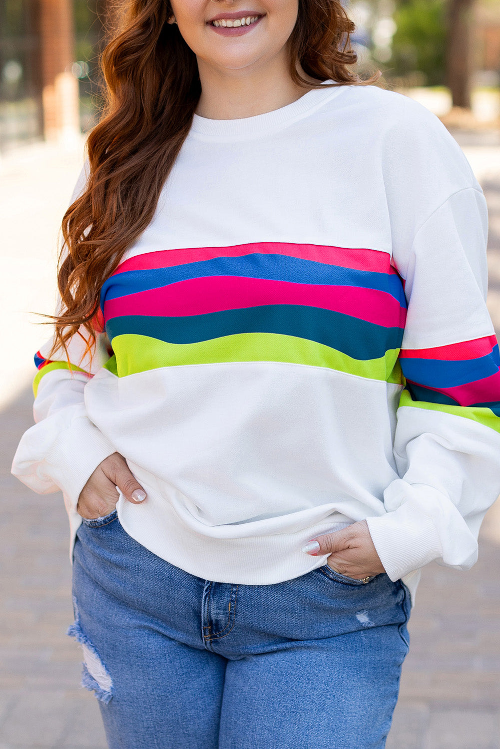 White Plus Size Colourful Striped Drop Shoulder Loose Sweatshirt - eAura