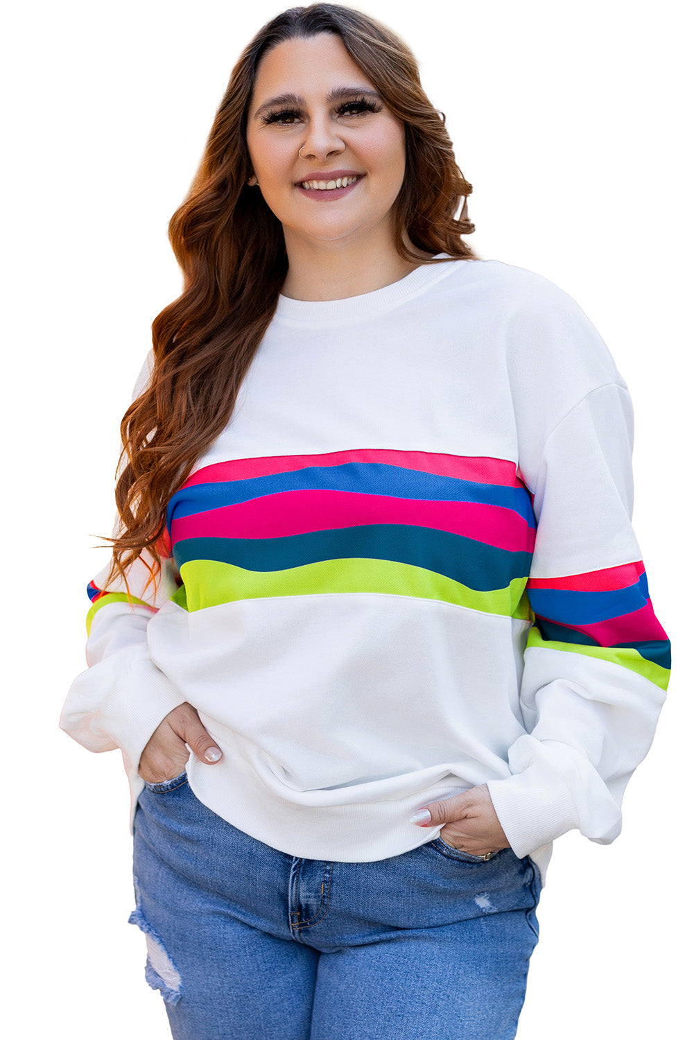 White Plus Size Colourful Striped Drop Shoulder Loose Sweatshirt - eAura