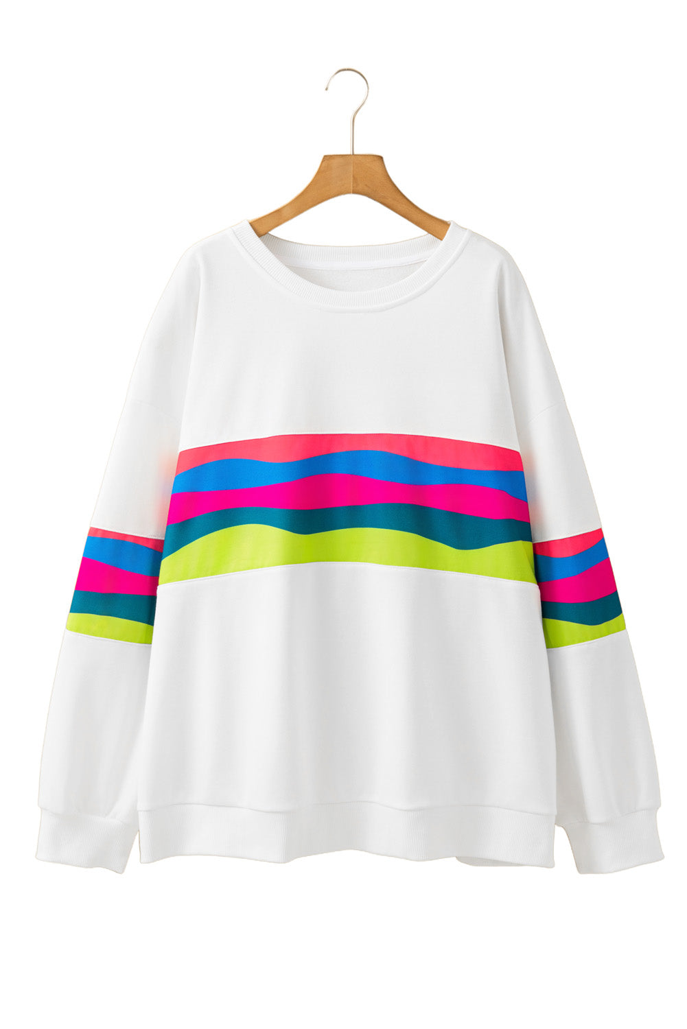 White Plus Size Colourful Striped Drop Shoulder Loose Sweatshirt - eAura