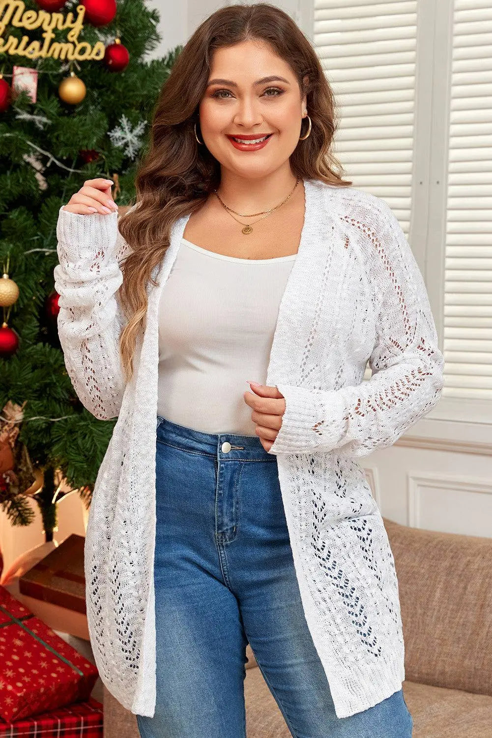 White Plus Size Eyelet Knit Open Front Cardigan - BB Fashion Outlet