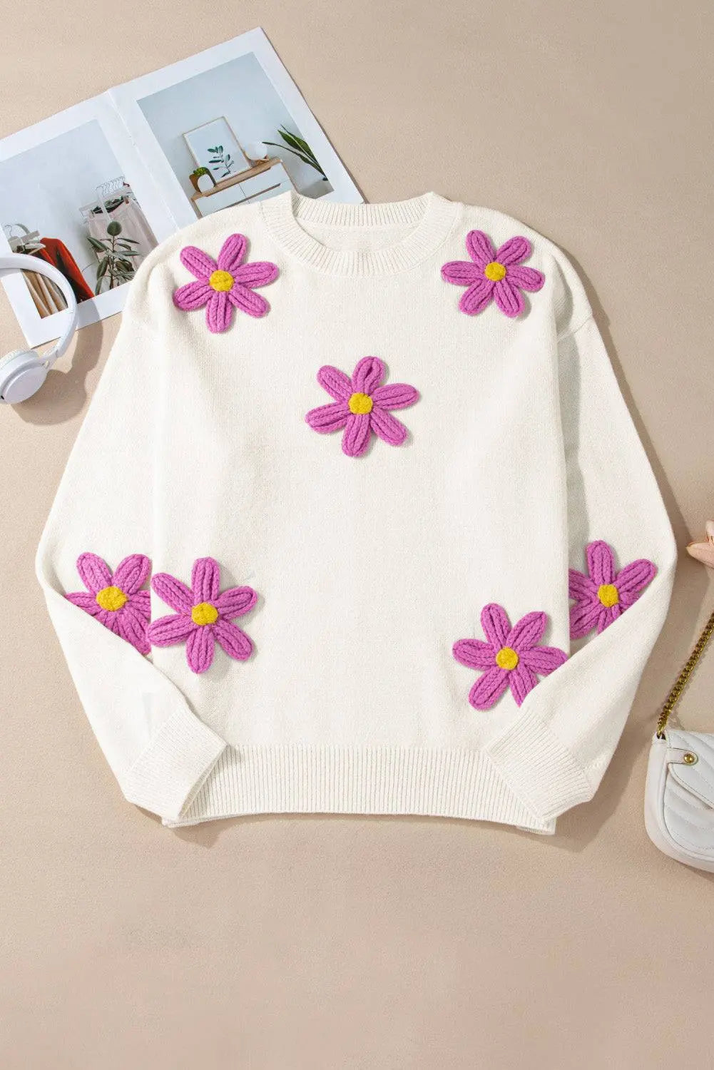 White Plus Size Flower Crochet Drop Shoulder Knit Sweater - BB Fashion Outlet