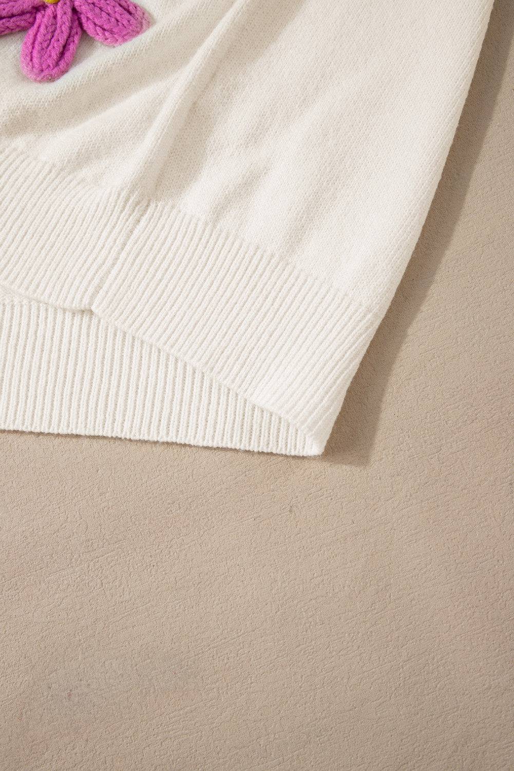 White Plus Size Flower Crochet Drop Shoulder Knit Sweater - BB Fashion Outlet
