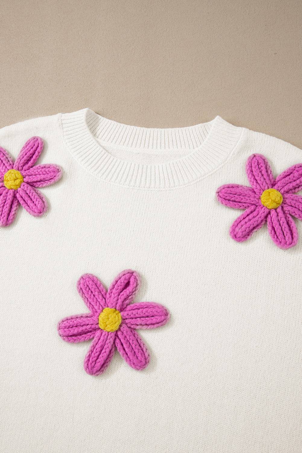White Plus Size Flower Crochet Drop Shoulder Knit Sweater - BB Fashion Outlet