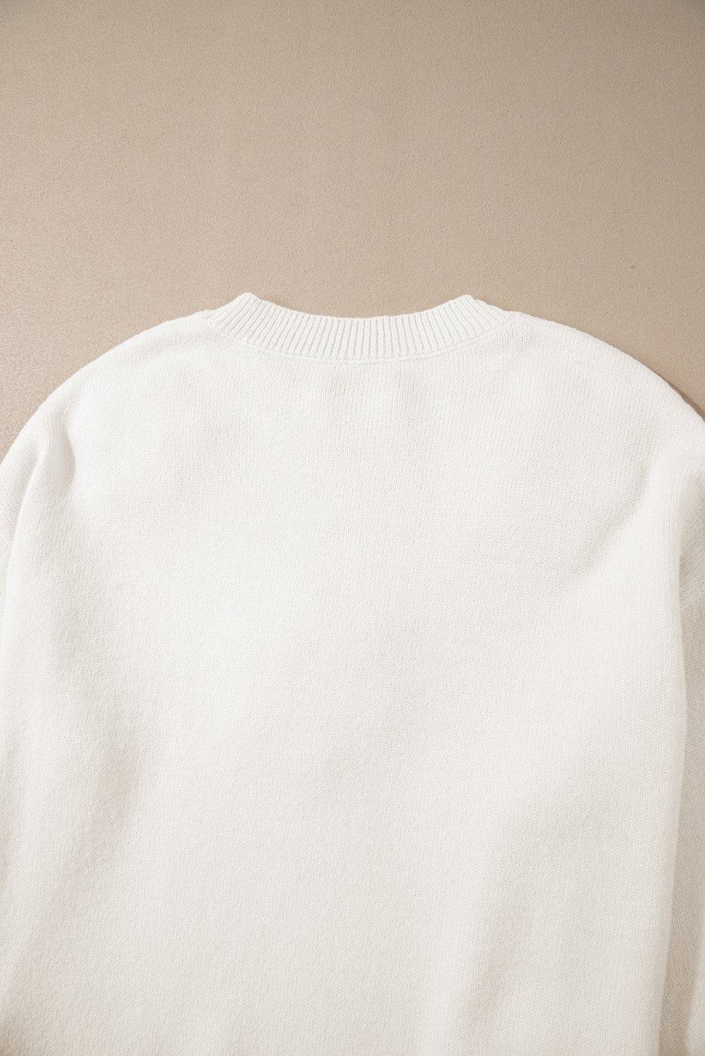 White Plus Size Flower Crochet Drop Shoulder Knit Sweater - BB Fashion Outlet