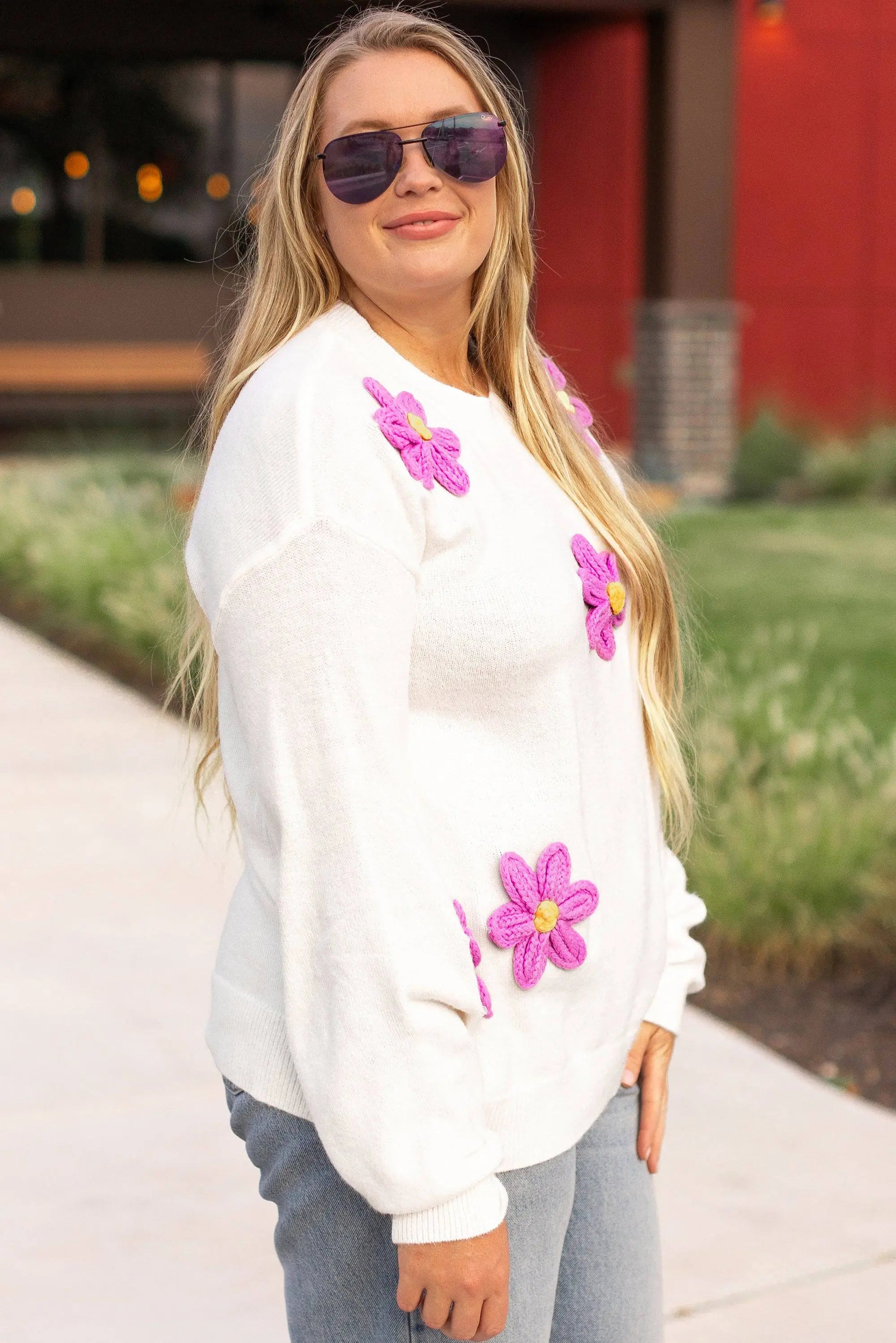 White Plus Size Flower Crochet Drop Shoulder Knit Sweater - BB Fashion Outlet