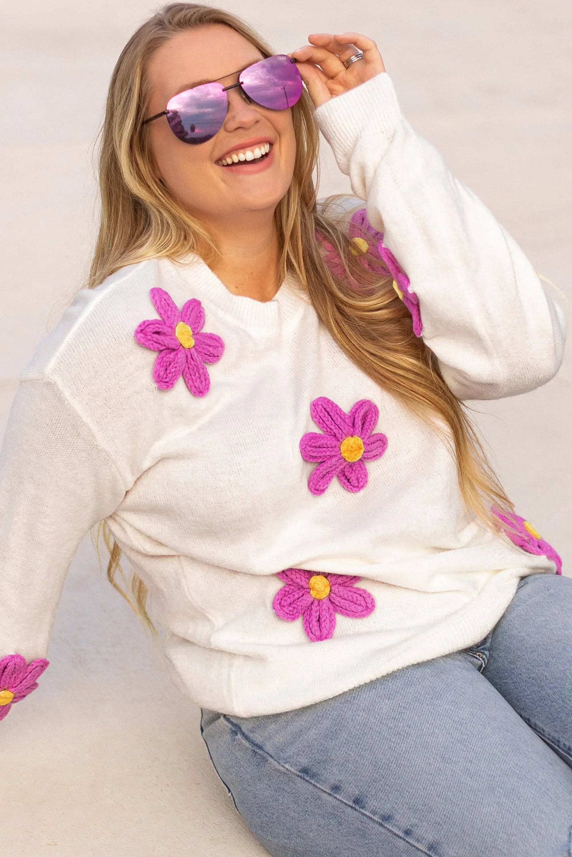 White Plus Size Flower Crochet Drop Shoulder Knit Sweater - BB Fashion Outlet