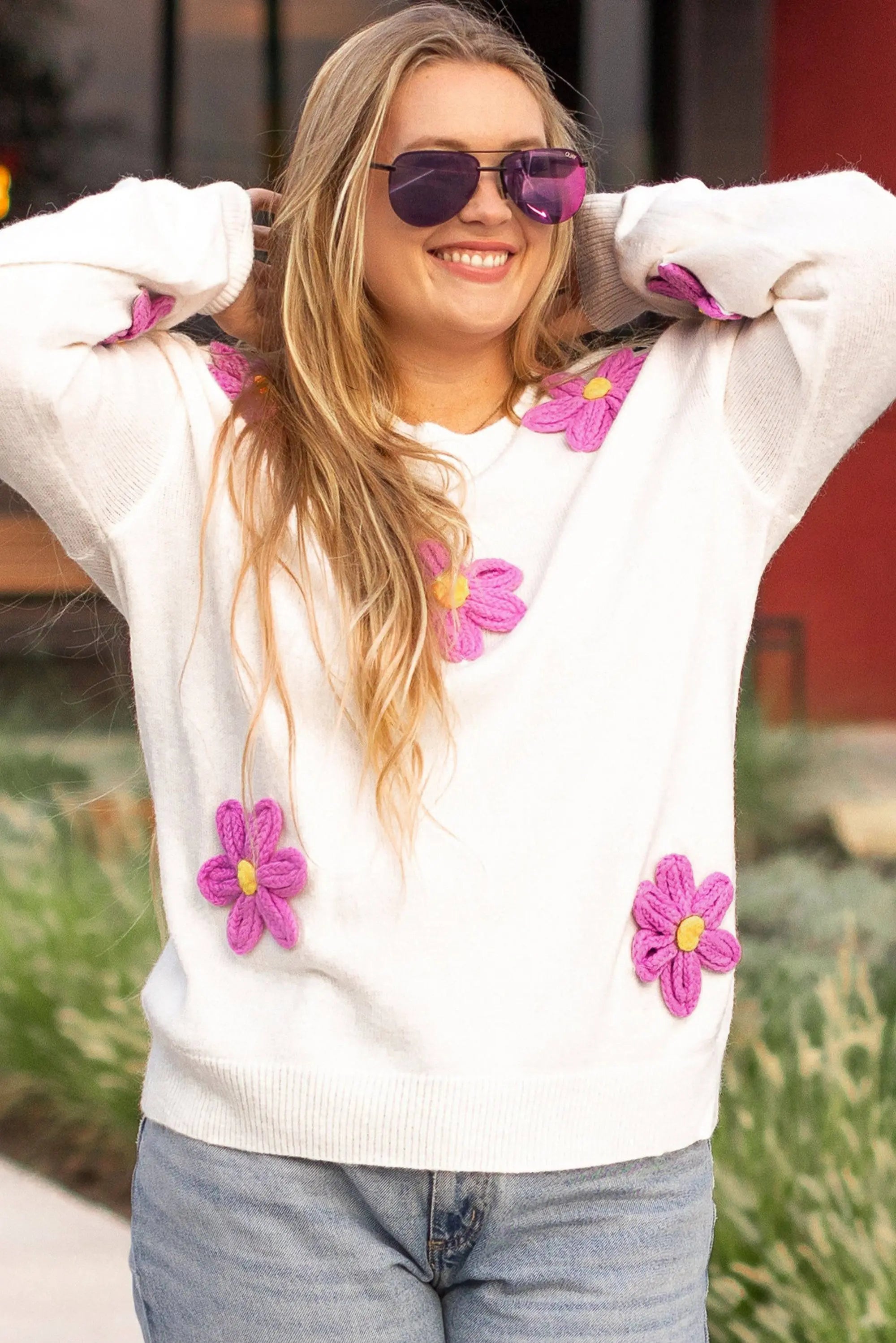 White Plus Size Flower Crochet Drop Shoulder Knit Sweater - BB Fashion Outlet