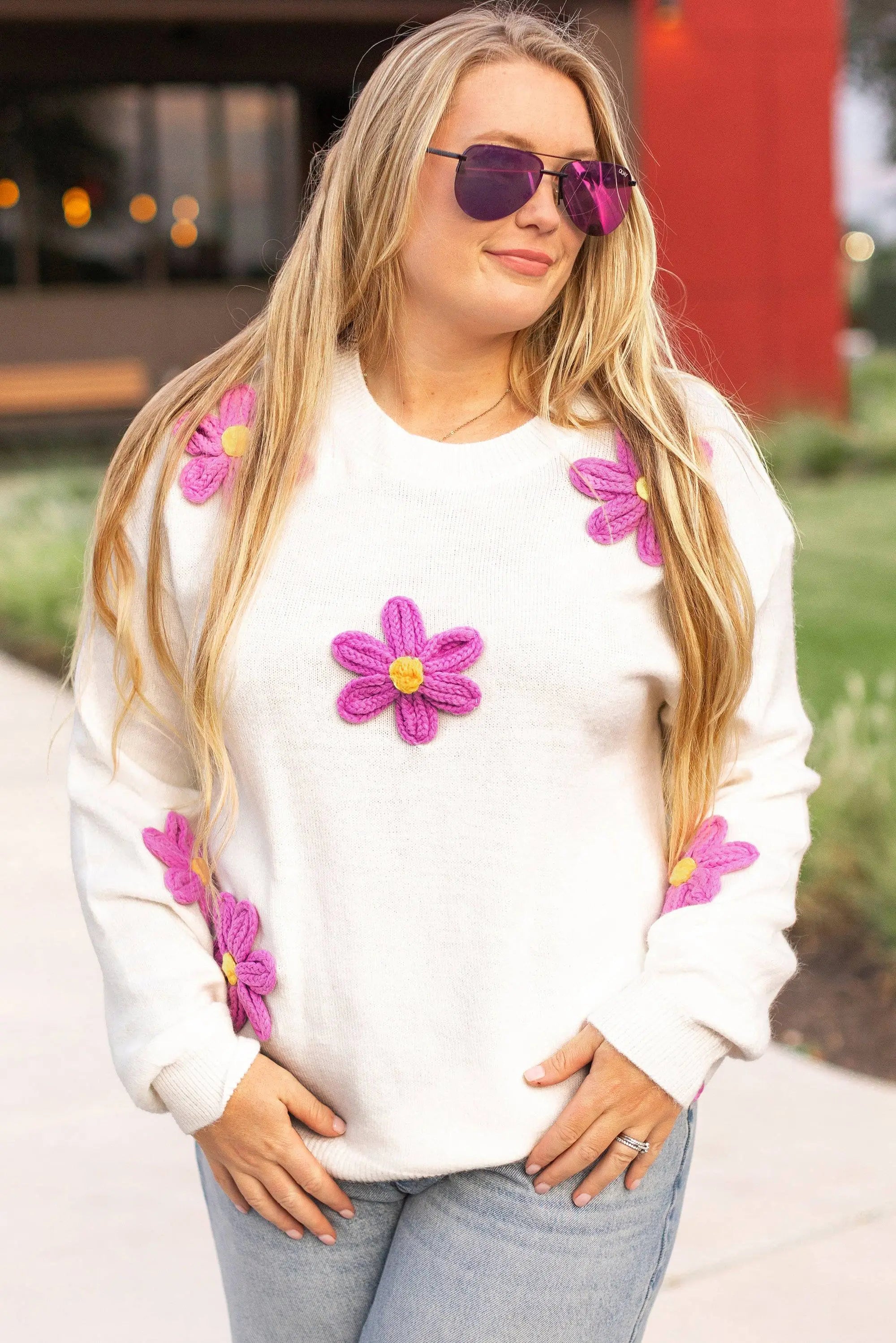 White Plus Size Flower Crochet Drop Shoulder Knit Sweater - BB Fashion Outlet