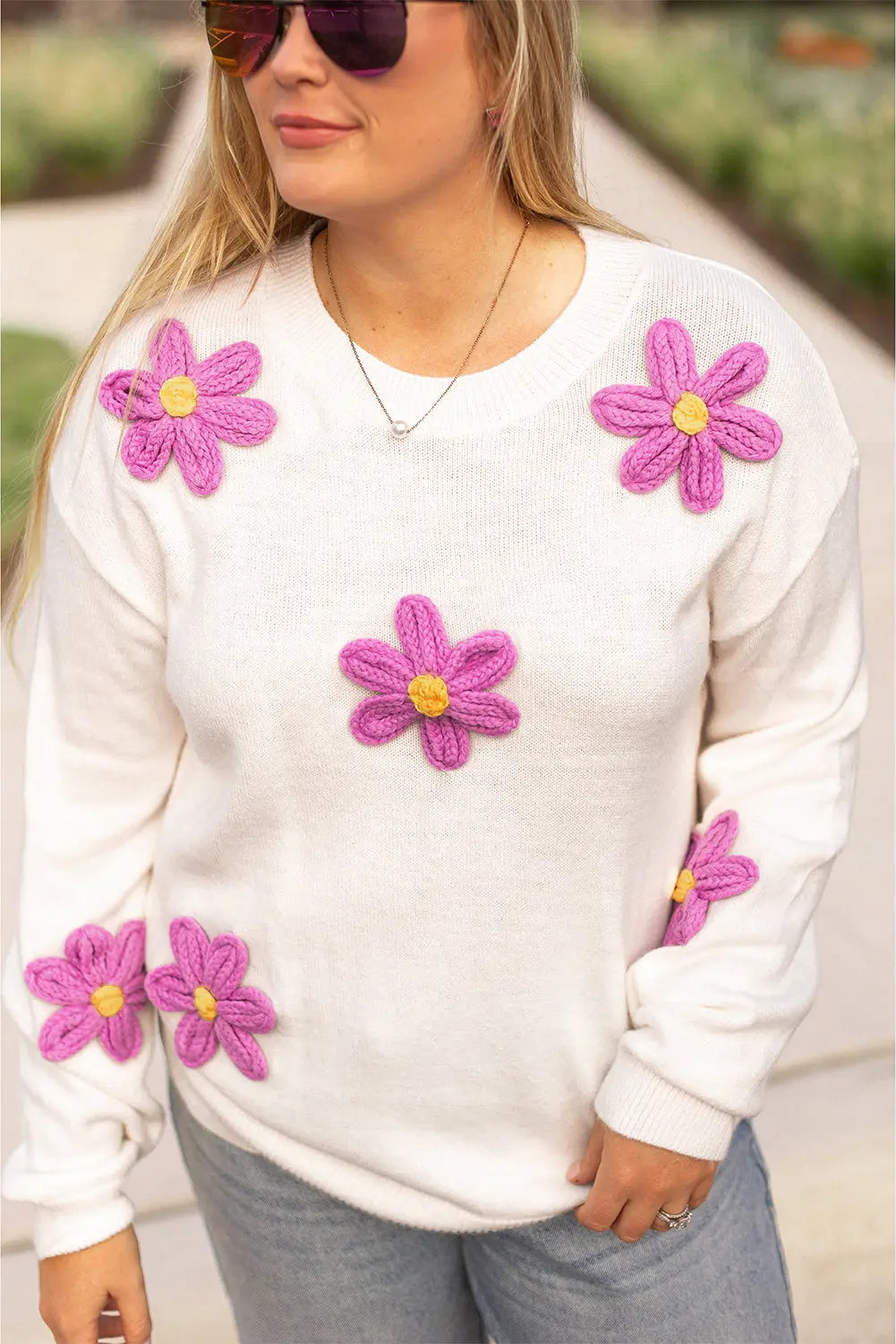 White Plus Size Flower Crochet Drop Shoulder Knit Sweater - BB Fashion Outlet