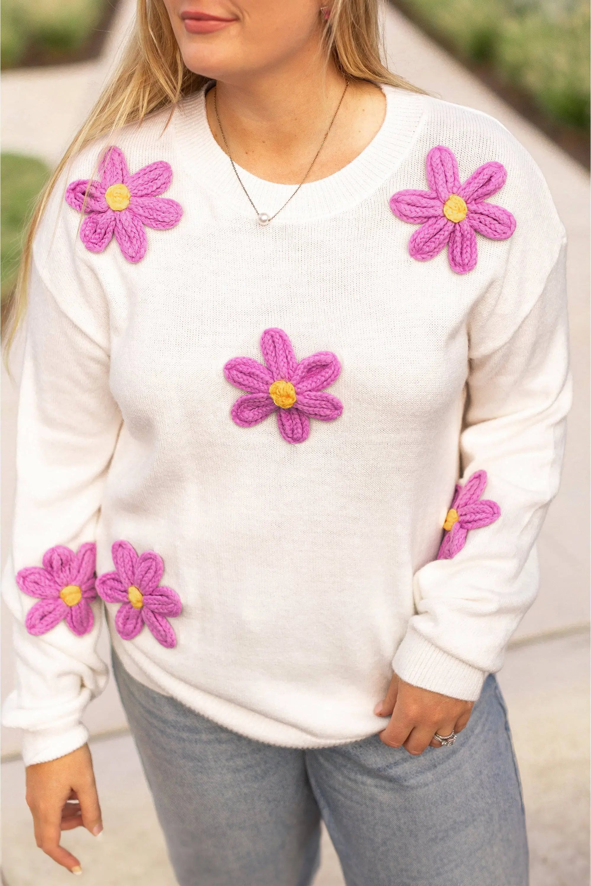 White Plus Size Flower Crochet Drop Shoulder Knit Sweater - BB Fashion Outlet