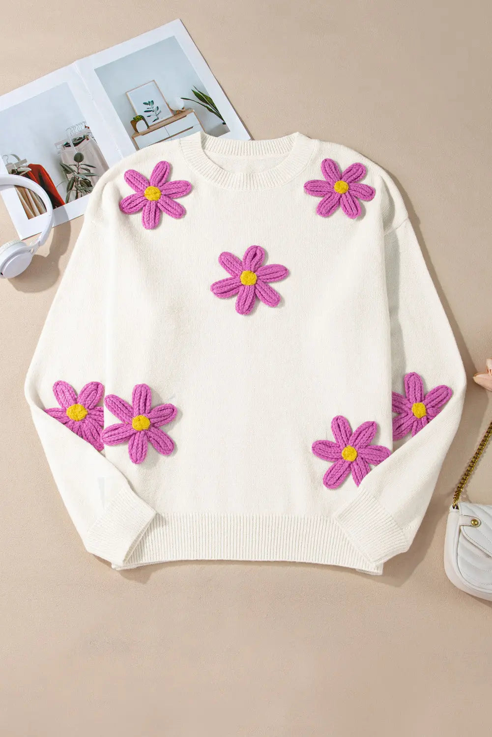 White Plus Size Flower Crochet Drop Shoulder Knit Sweater - BB Fashion Outlet