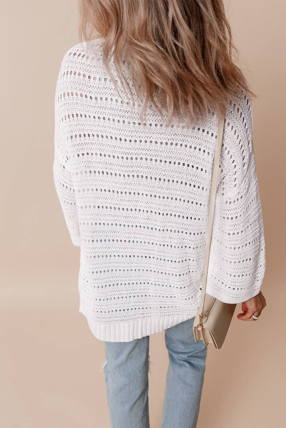 White Pointelle Knit Bracelet Sleeve Open Cardigan - eAura