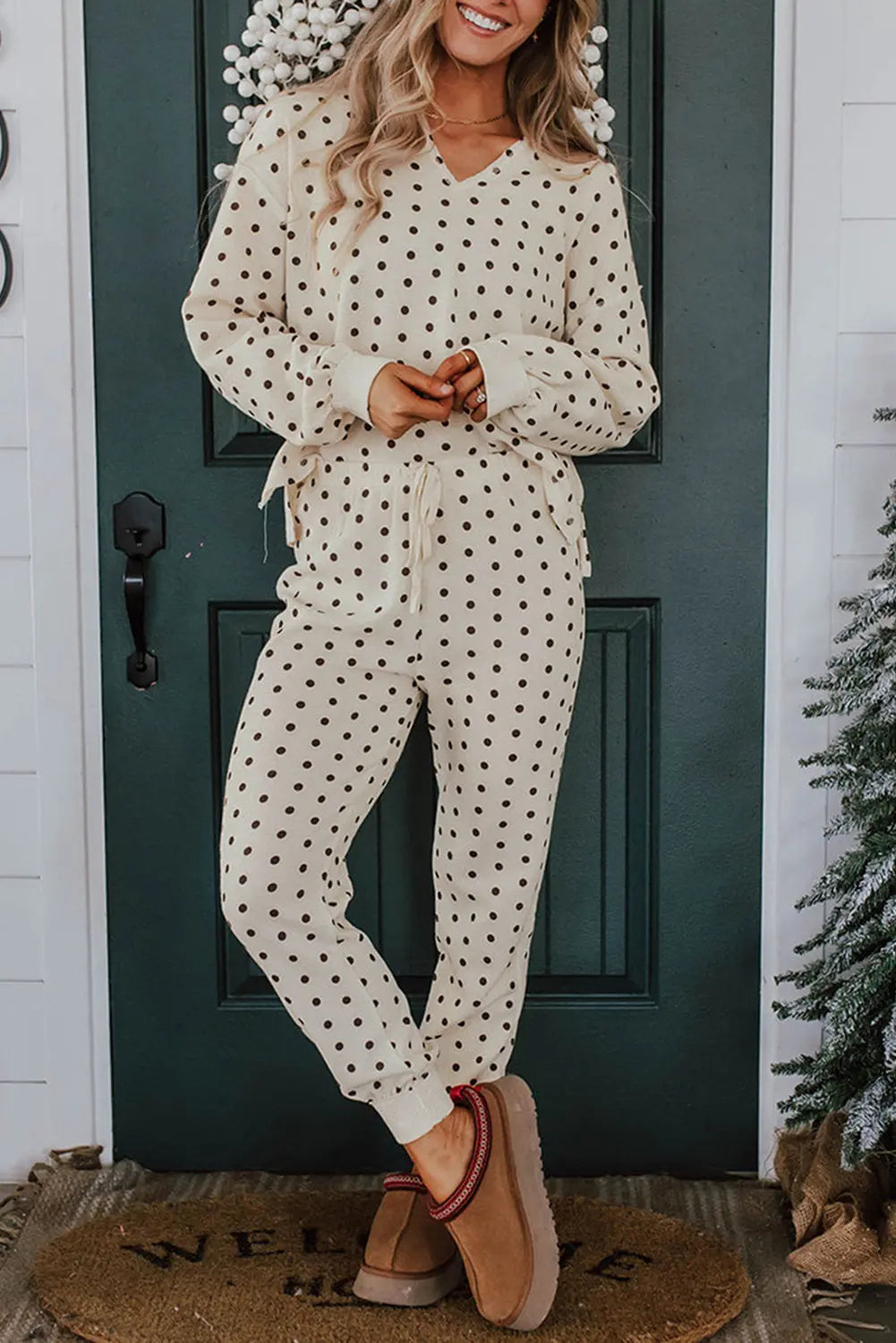White Polka Dot Print Long Sleeve Top and Drawstring Bottoms Pyjamas eAura