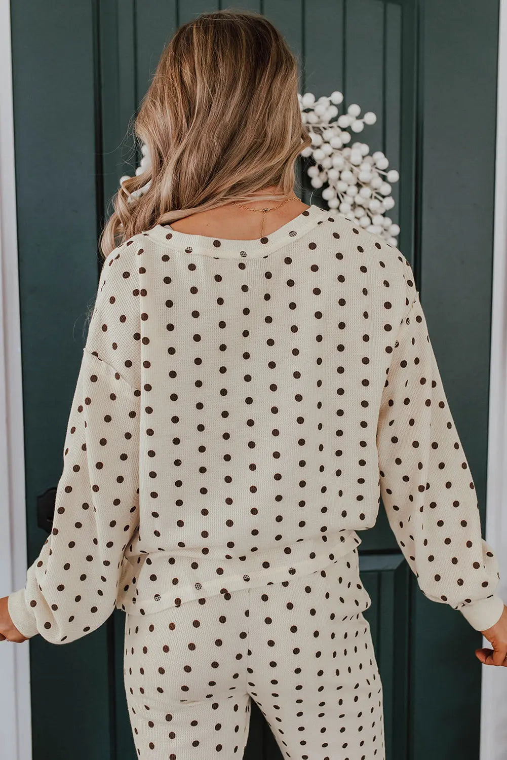 White Polka Dot Print Long Sleeve Top and Drawstring Bottoms Pyjamas eAura