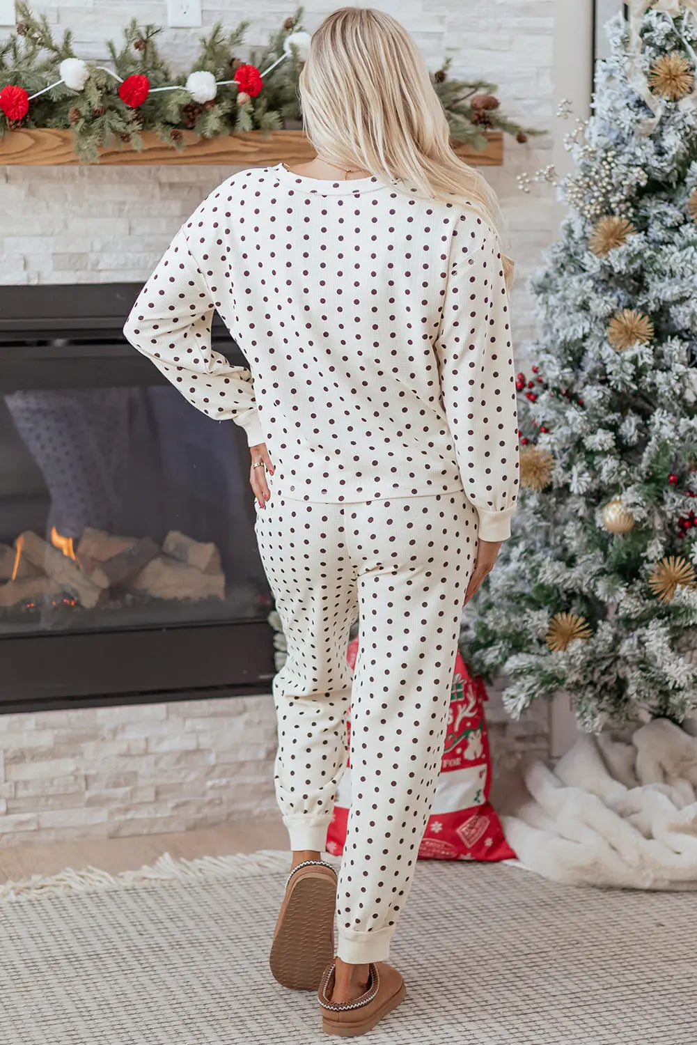 White Polka Dot Print Long Sleeve Top and Drawstring Bottoms Pyjamas - eAura