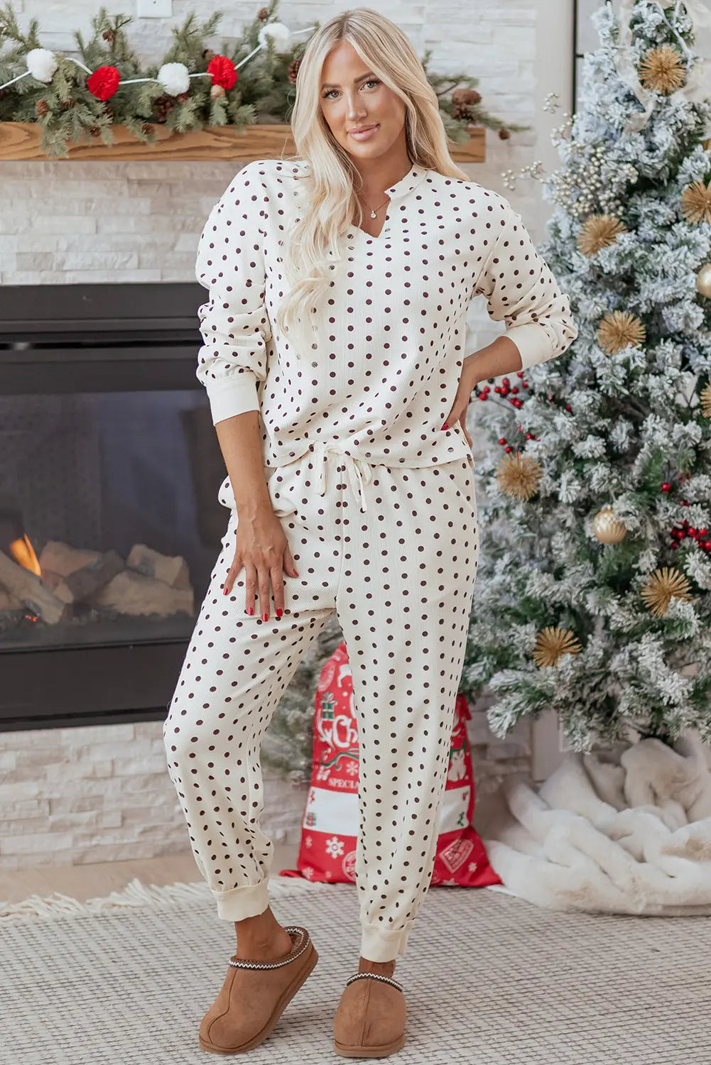 White Polka Dot Print Long Sleeve Top and Drawstring Bottoms Pyjamas - eAura