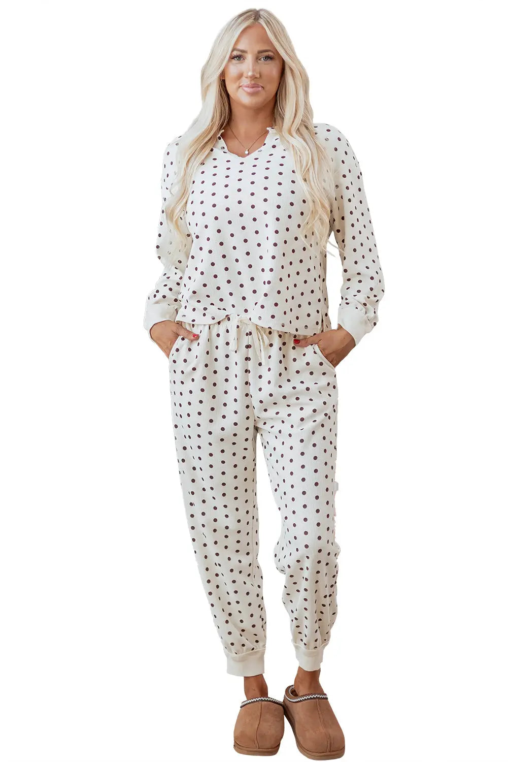 White Polka Dot Print Long Sleeve Top and Drawstring Bottoms Pyjamas - eAura