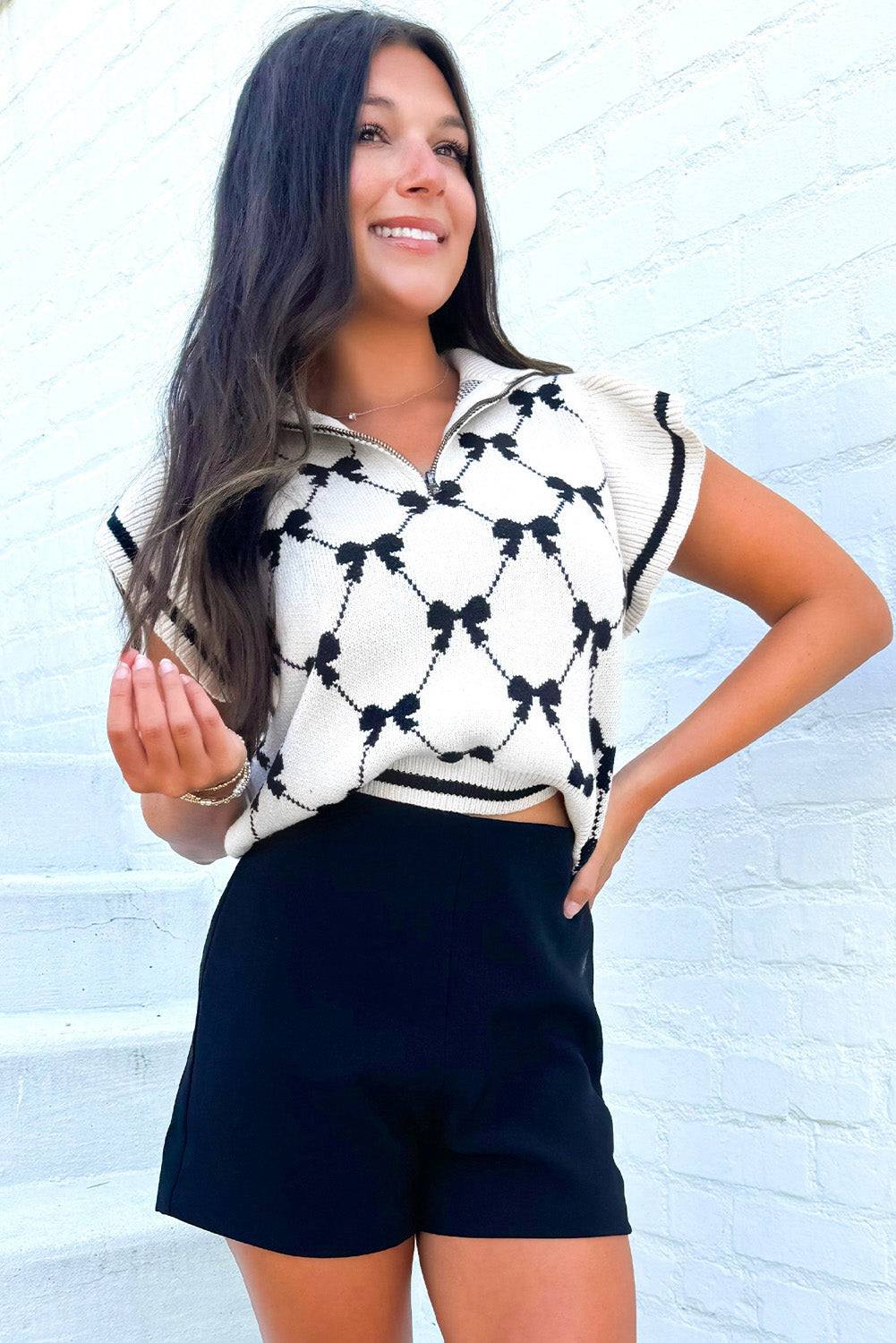 White Preppy Vibes Bow Print Zipped Collar Sweater Tee - Sweaters & Cardigans/Short Sleeve