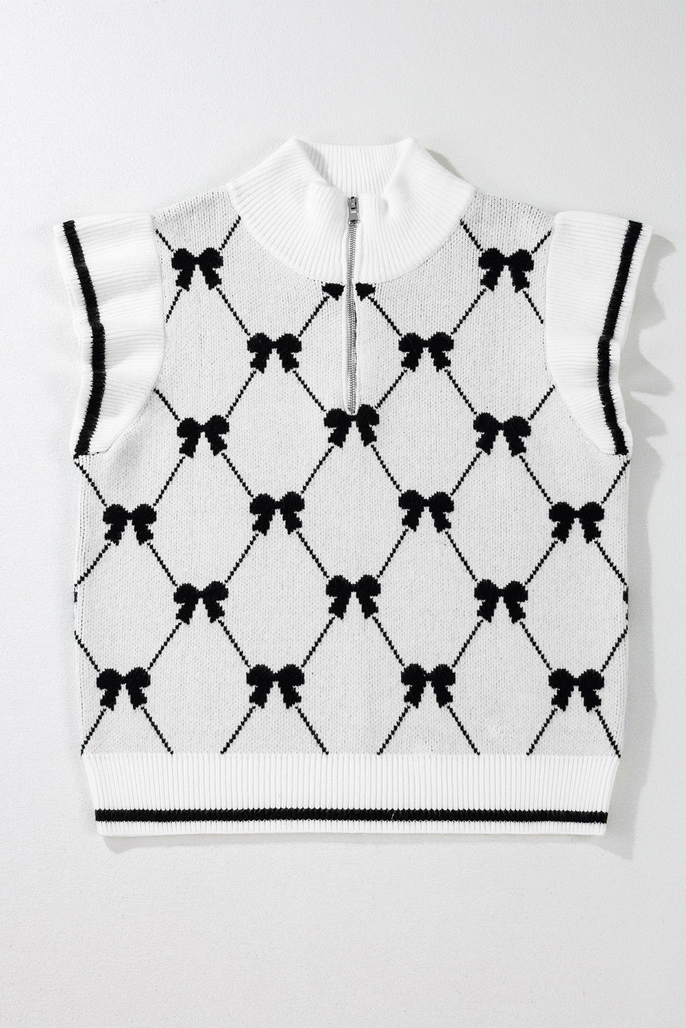 White Preppy Vibes Bow Print Zipped Collar Sweater Tee - Sweaters & Cardigans/Short Sleeve