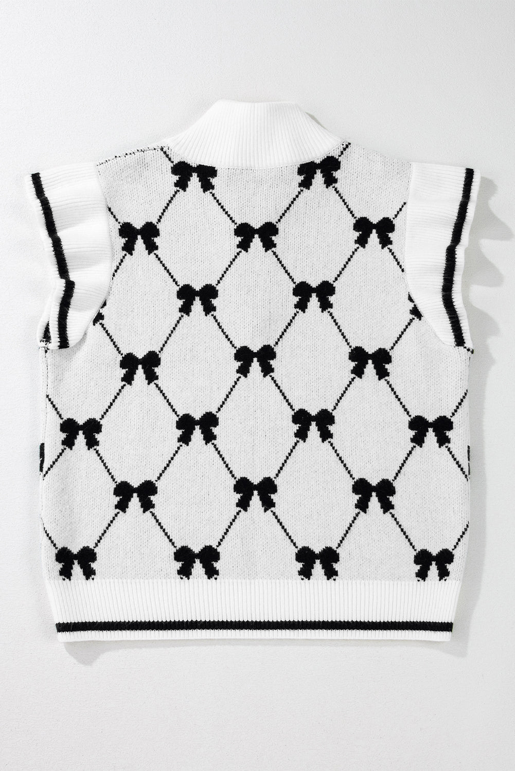 White Preppy Vibes Bow Print Zipped Collar Sweater Tee - Sweaters & Cardigans/Short Sleeve