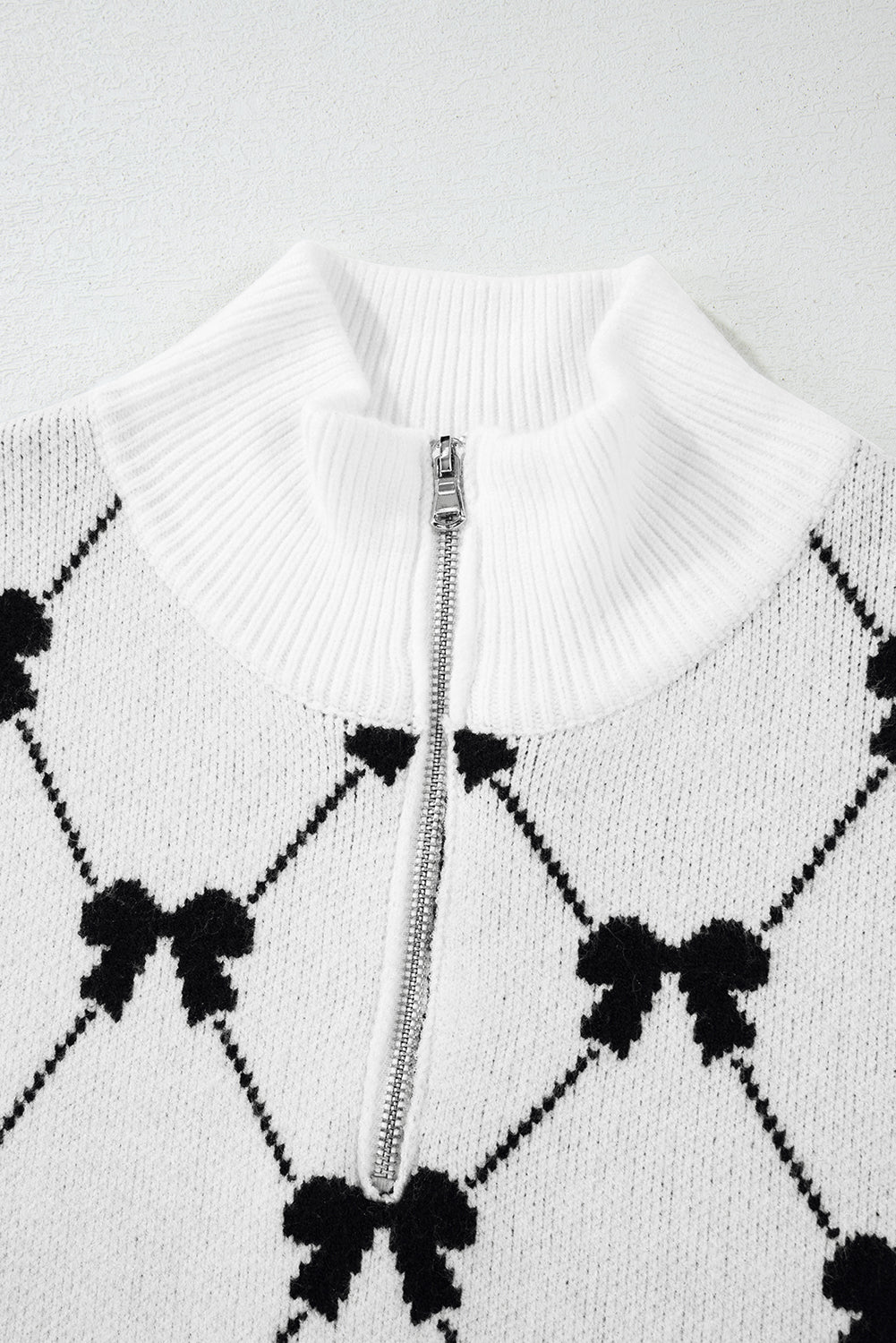 White Preppy Vibes Bow Print Zipped Collar Sweater Tee - Sweaters & Cardigans/Short Sleeve