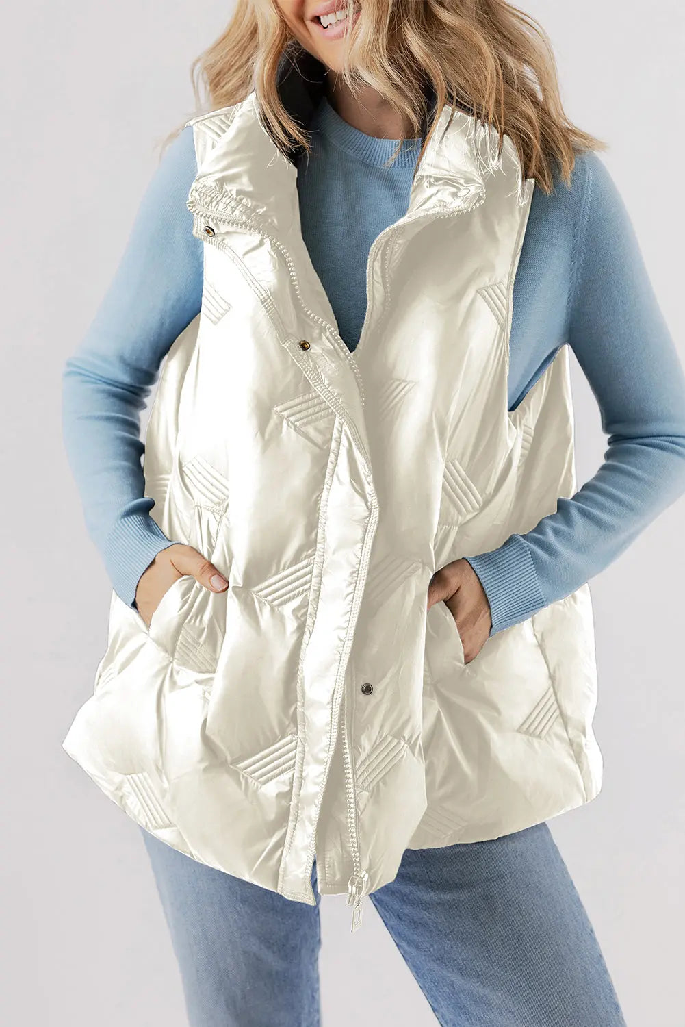 White Quilted High Neck Zip Up Jacket Vest Beagle Boutique Fashion Outlet