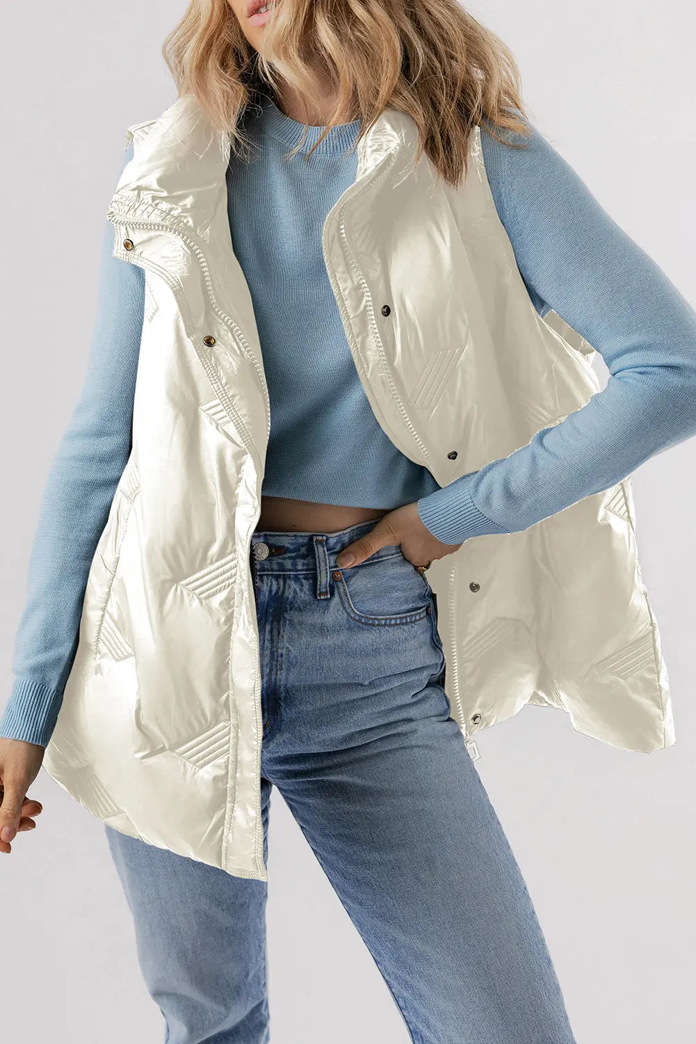White Quilted High Neck Zip Up Jacket Vest Beagle Boutique Fashion Outlet