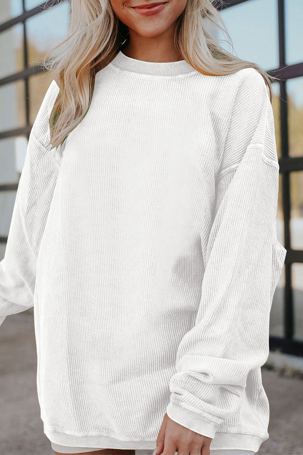 White Ribbed Corduroy Oversized Sweatshirt - eAura