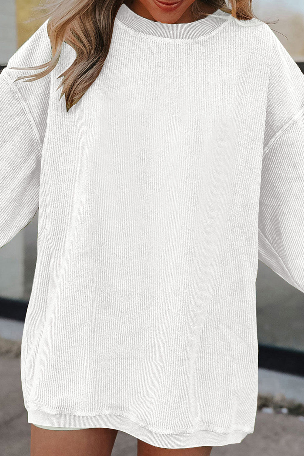 White Ribbed Corduroy Oversized Sweatshirt - Tops/Sweatshirts & Hoodies